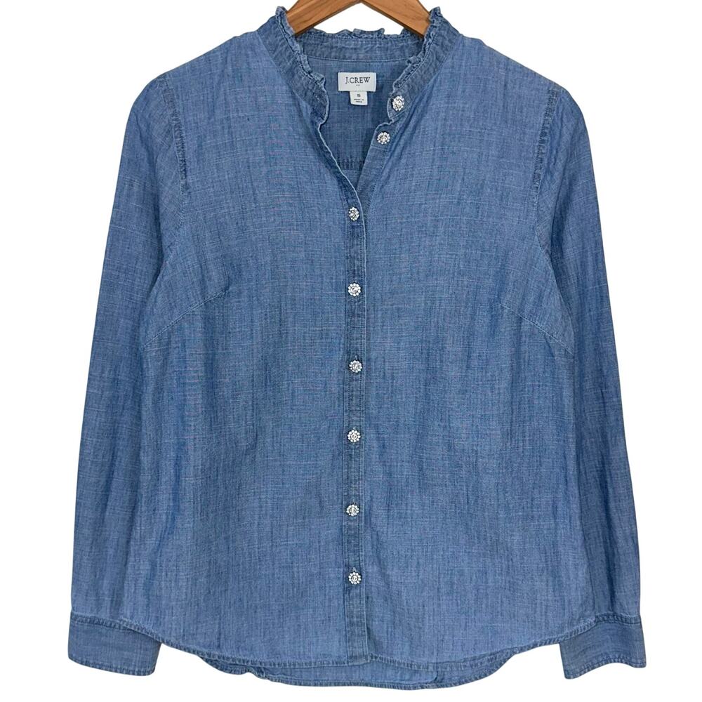 JCrew Blue Chambray Jeweled Button Cotton Long Sleeve Shirt Size Small